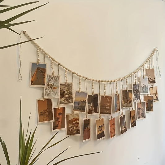 Boho-Chic Hanging Photo Display with Wooden Bead Garland – Rustic Linen Wall Art for Dorms, Classrooms, and Bedrooms | Natural Wood Frame Design, Aesthetic Room Decor, Perfect for Showcasing Cherished Memories, Boho Home De