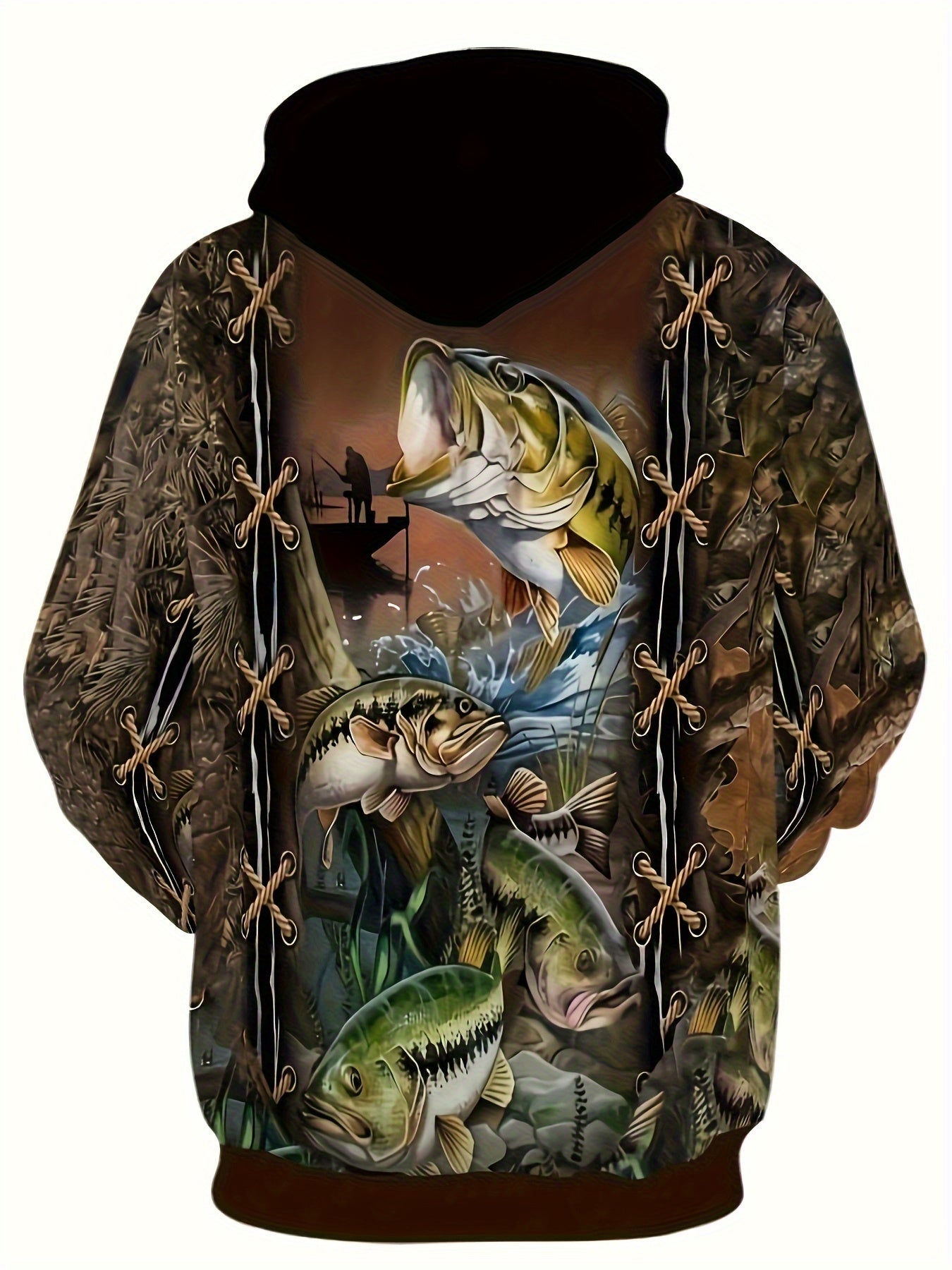 Men's Bass Fishing Graphic Hoodie Kangaroo Pocket Plus Size