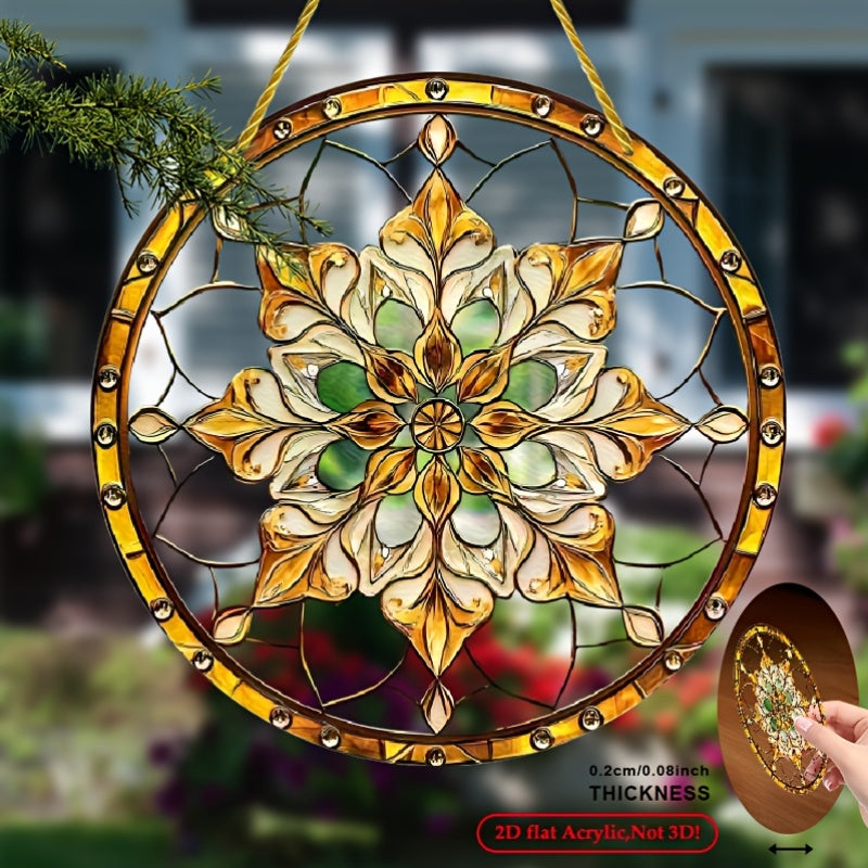 Bohemian Golden Flower Acrylic Sun Catcher Round Indoor Outdoor Wall Decor