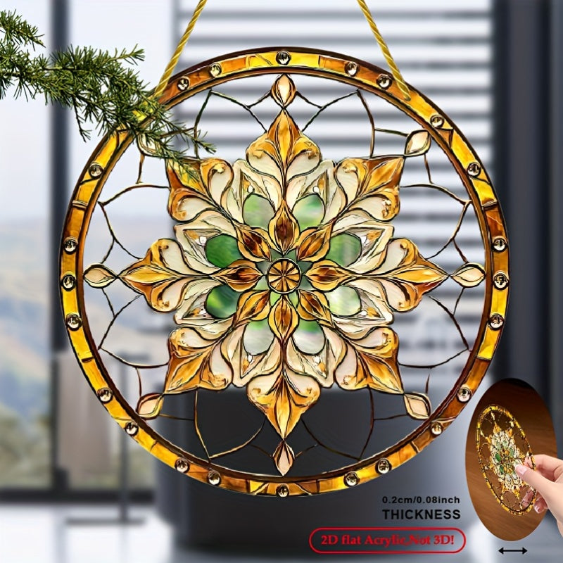 Bohemian Golden Flower Acrylic Sun Catcher Round Indoor Outdoor Wall Decor