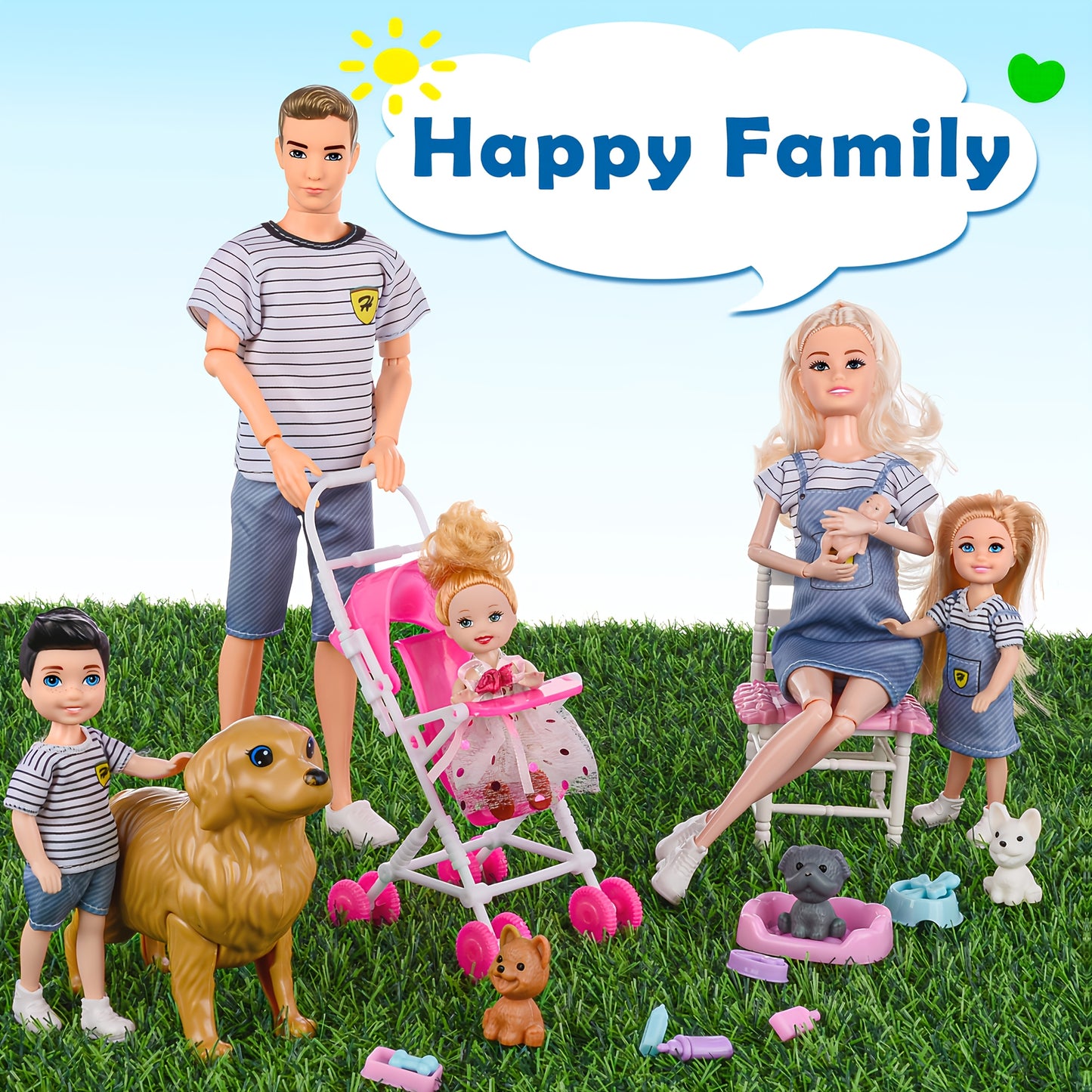 Family Doll Set With Six Dolls And Pets For Kids 3 Up