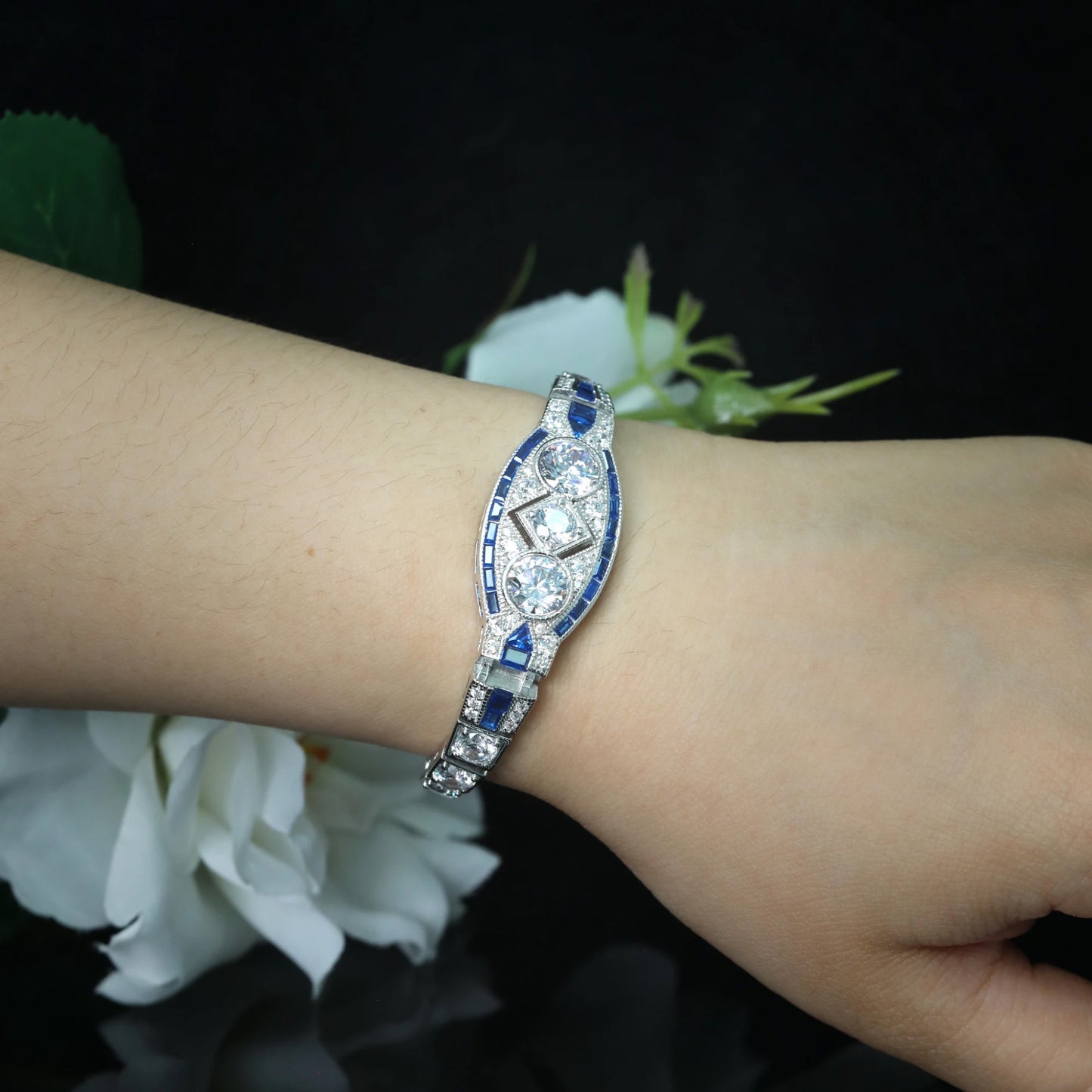 925 Silver Royal Blue Art Deco Vintage Party Jewelry Ladies Bracelet - Perfect Gift for Wife, Girlfriend, Wedding Accessories, Birthday & Holiday Gifts