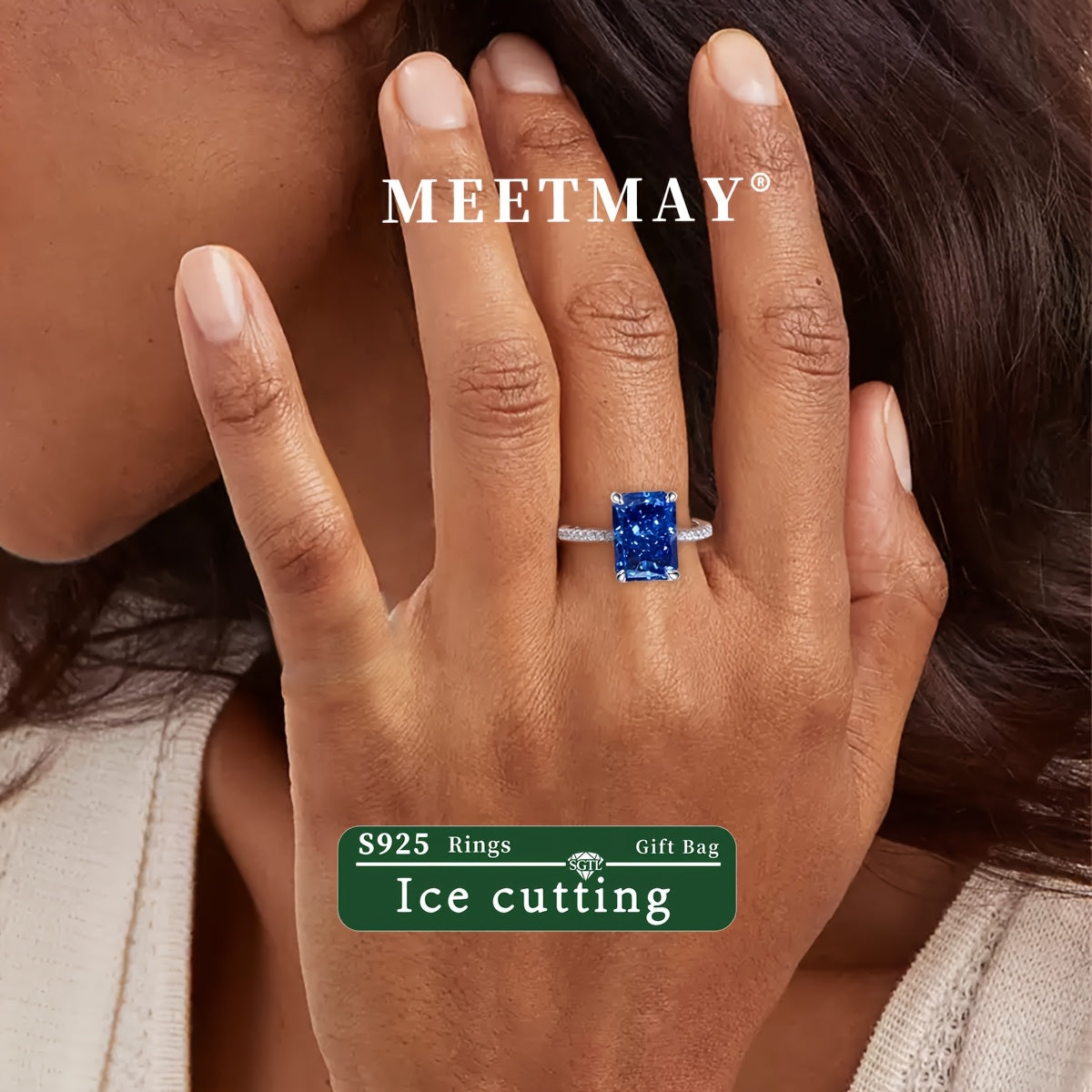 Elegant S925 Silver Moissanite Blue Ring For Engagement