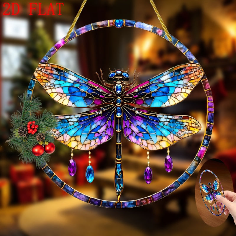 8x8 Inch Plastic Dragonfly Suncatcher Hanging Ornament With Golden Accents