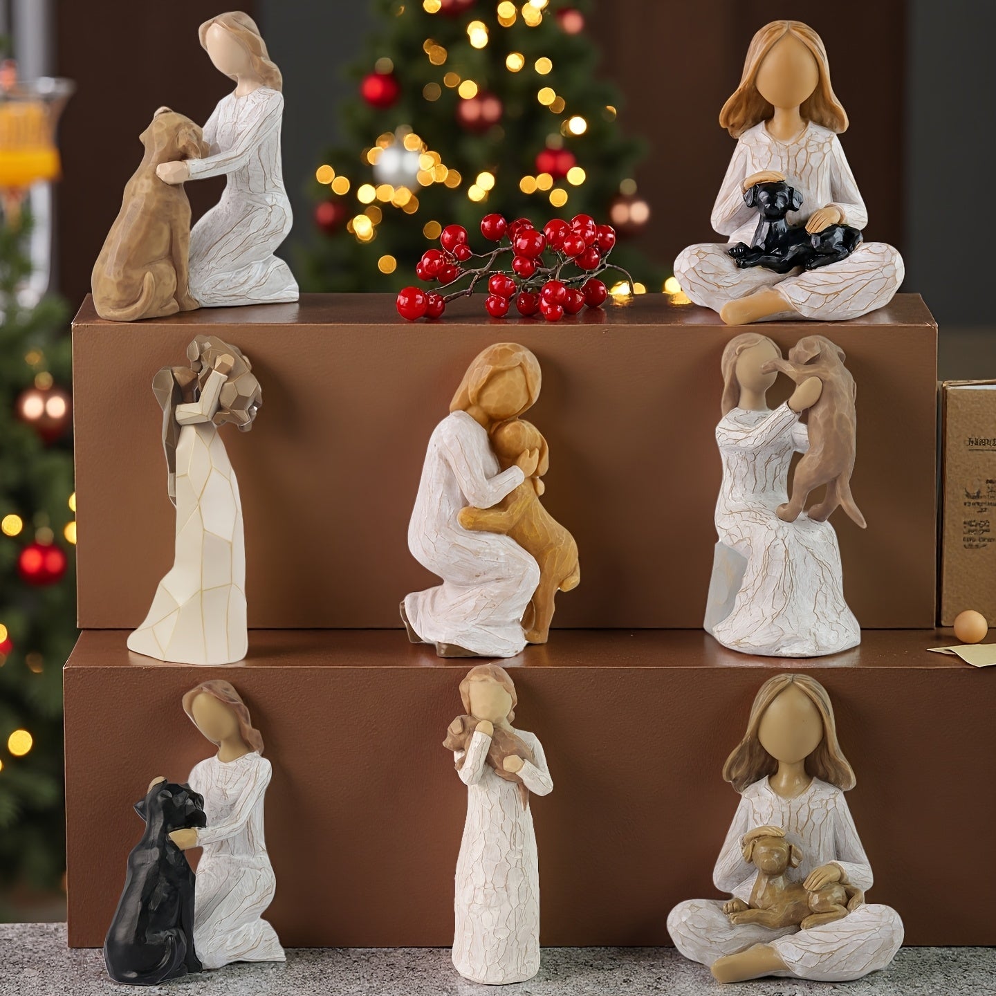 Surprise Box Woman And Dog Statue Hand Painted Resin Sculpture Desk Decor Gift