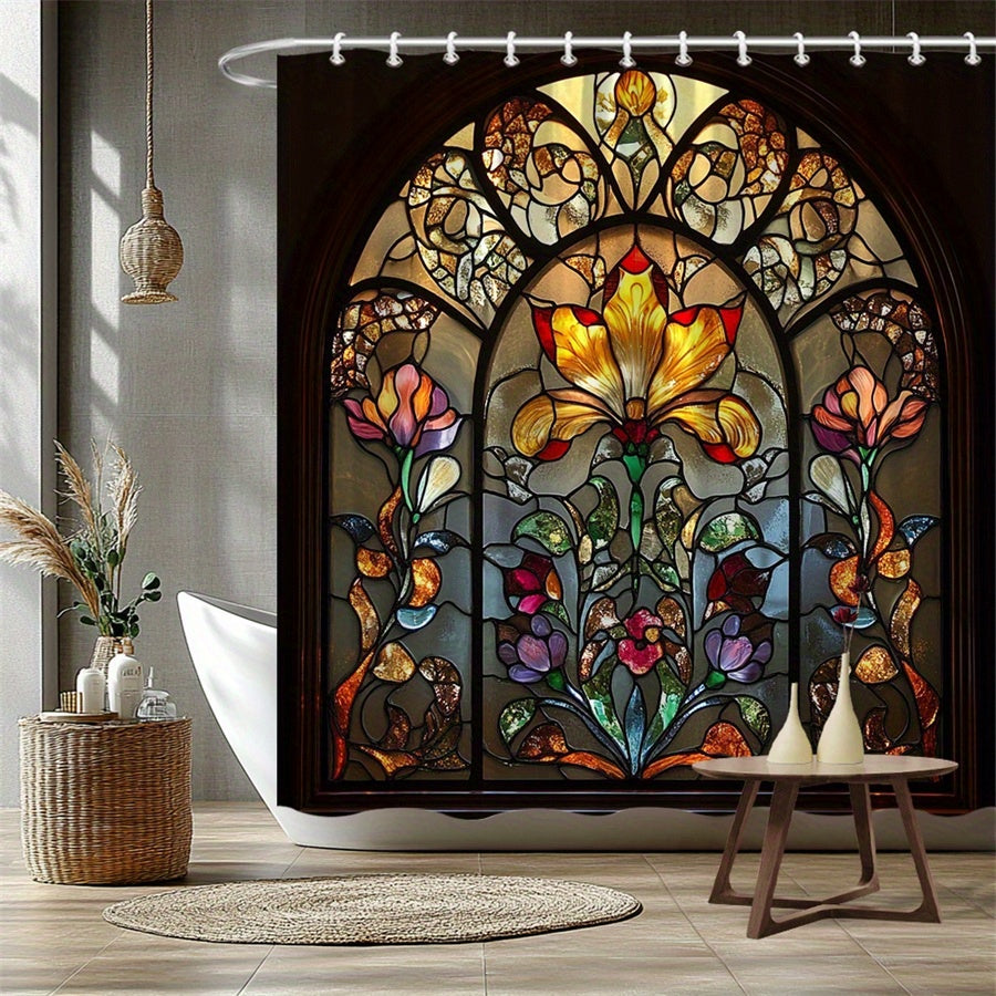 Floral Bath Curtain Stained Glass Lily Design Gothic Window Vibrant Colors