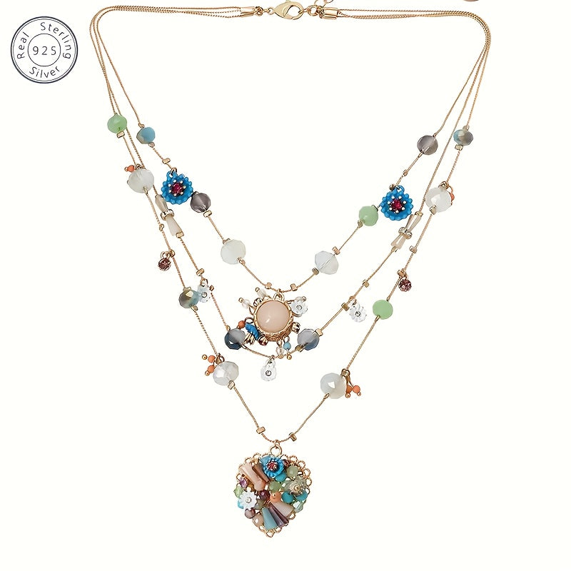 925 Sterling Silver Multi Layer Beaded Necklace With Stones