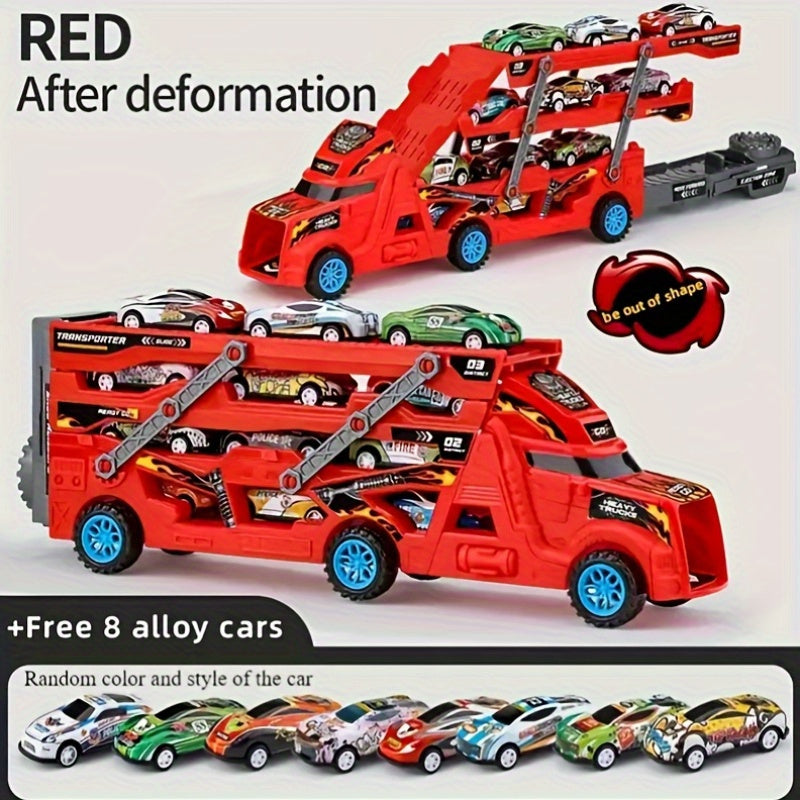 9 Piece Transforming Truck Toy Set With 8 Small Cars