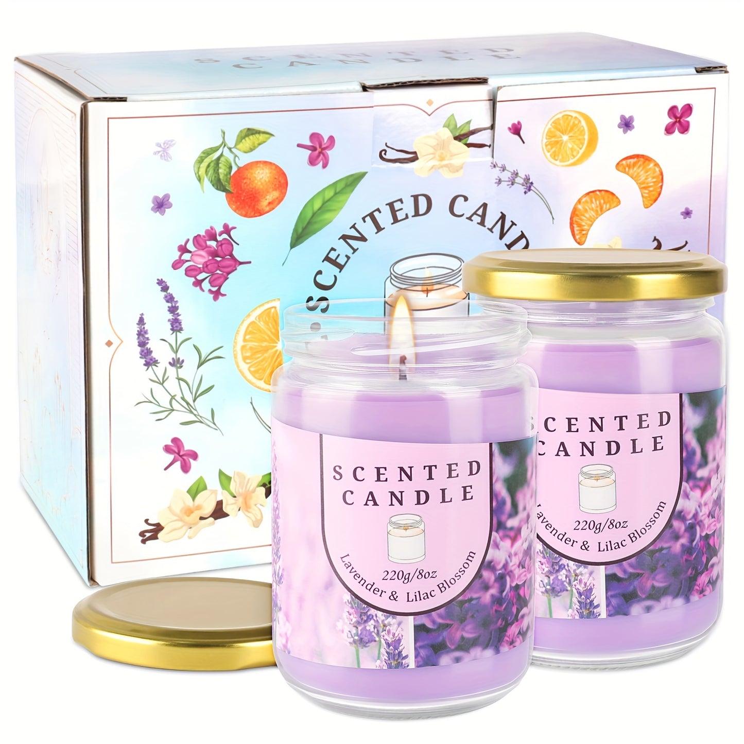 Two Purple Glass Jars Scented Candles Gift Set Elegant