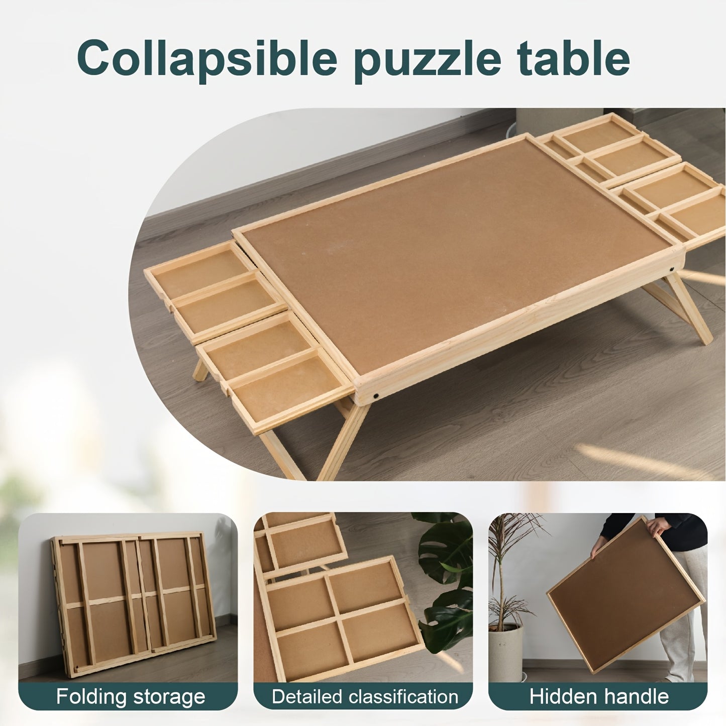 Puzzle Table with Folding Legs, Wooden Puzzle Table with 4 Drawers And 16 Grids, Portable Enlightenment Board for Storage And Sorting - 1000pcs Puzzle Table School Supplies