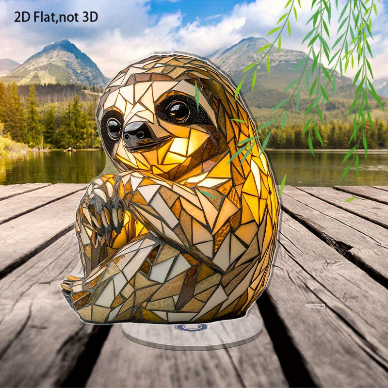 2D Flat Acrylic Tabletop Display Plaque, A Mosaic-Style Sloth-Shaped Table Lamp With Warm Light, Rotatable, With Base