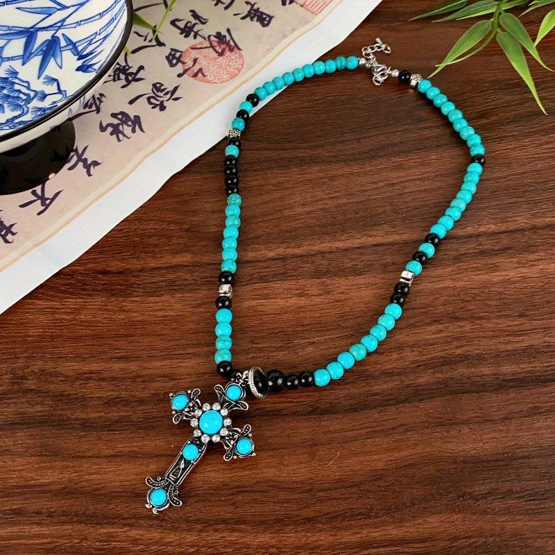Women'S Turquoise Cross Beaded Necklace - Elegant Religious Jewelry with Cross Pendant, Everyday & Party Necklace for Valentine'S Gift, Birthday, Anniversary - Year-Round Layering Chain for Women, Special Occasion Accessory,