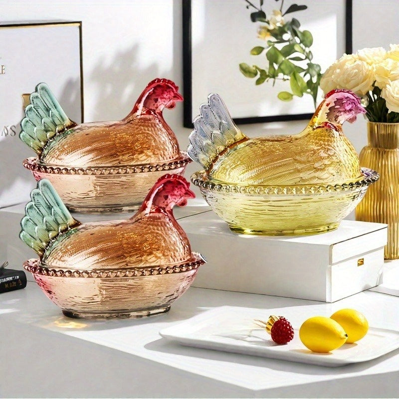 Elegant Crystal Glass Chicken Shaped Jar With Lid Pink Green Yellow Candy