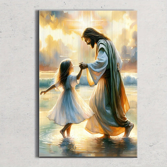 Vintage Canvas Wall Art Framed Jesus And Little Girl Sunset