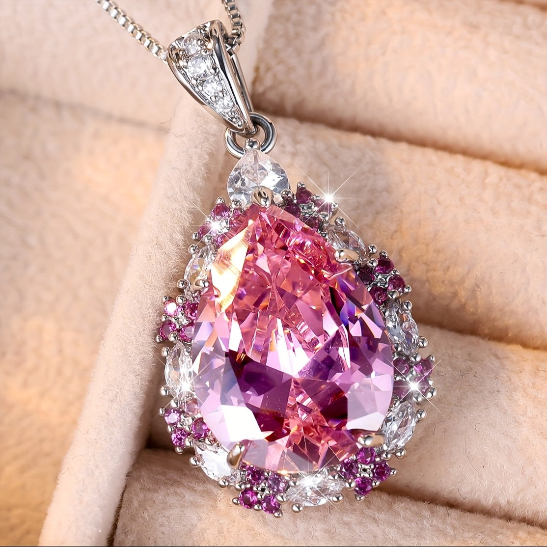 Angol Pink Teardrop Zirconia Pendant Necklace For Women