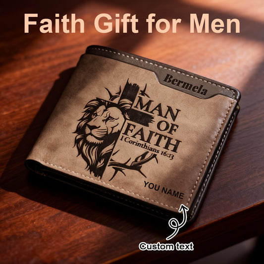Dark Brown Faux Leather Mens Christian Wallet Lion of Faith Engraved Cross