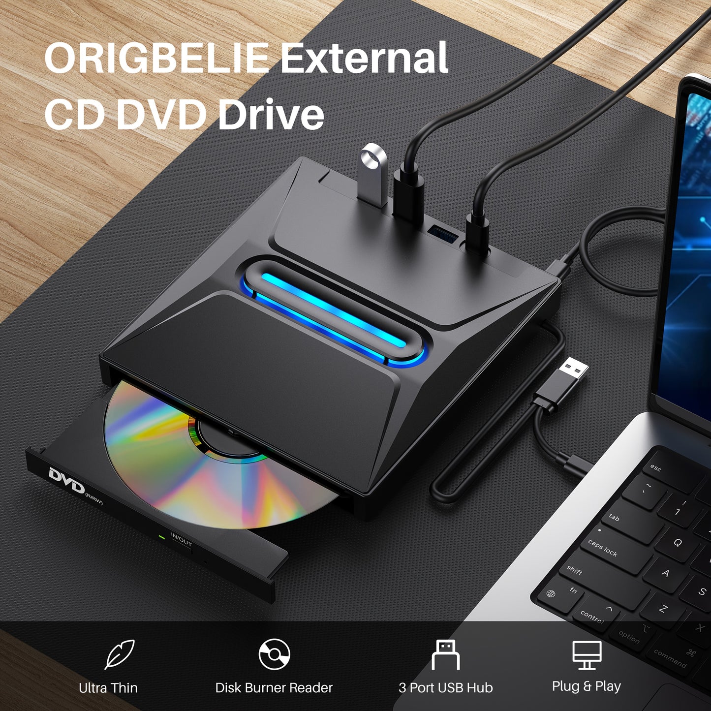 New 8 In 1 USB 3 0 External CD DVD Drive Type C Portable