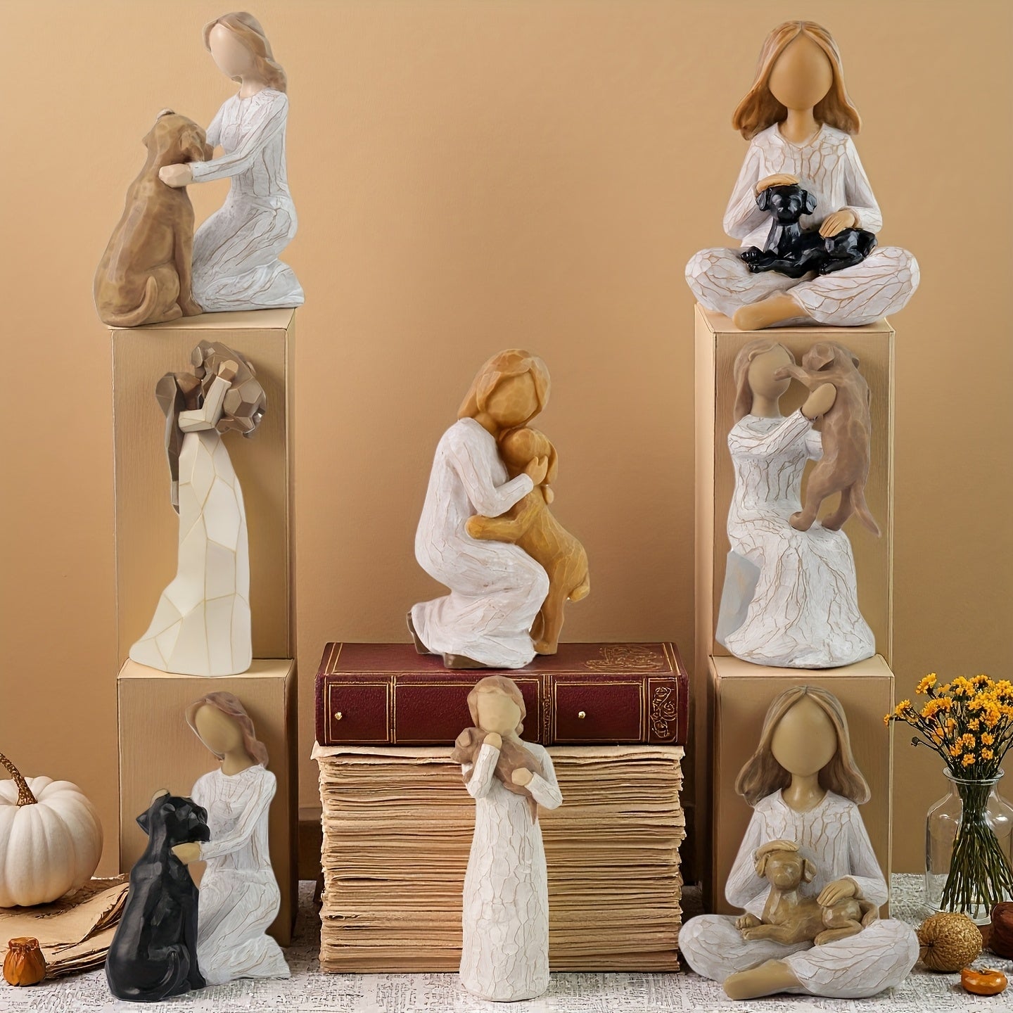 Surprise Box Woman And Dog Statue Hand Painted Resin Sculpture Desk Decor Gift